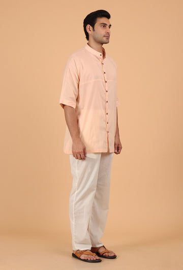 Peach Cotton Mulmul Button Down Short Kurta & White Pant